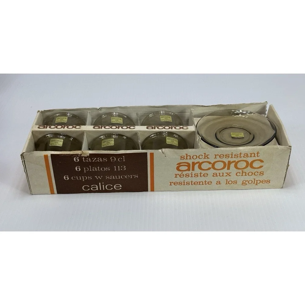 Vintage Arcoroc Smoked Glass (6) Cups & Saucers Set New In Original Box‎ 12 Pc